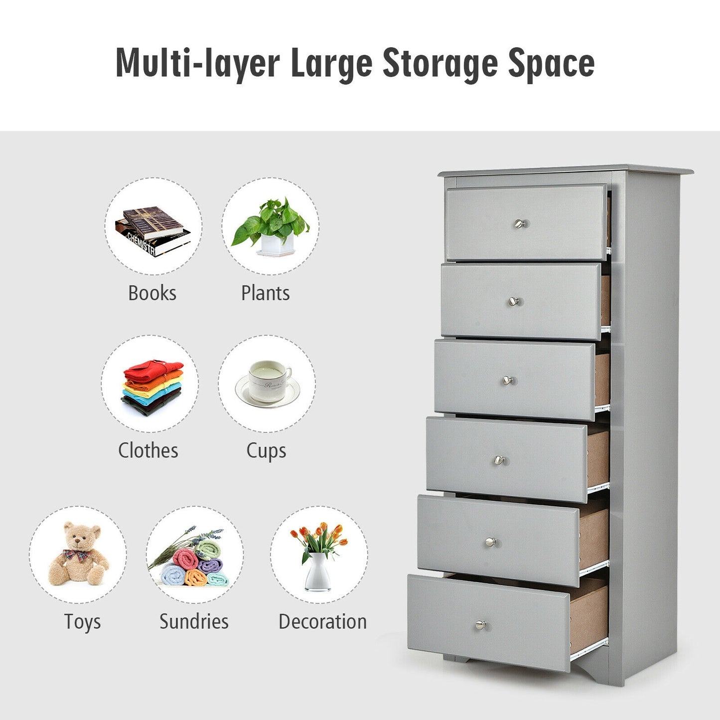 6 Drawers Chest Dresser Clothes Storage Bedroom Furniture Cabinet-Gray Kids Crystal