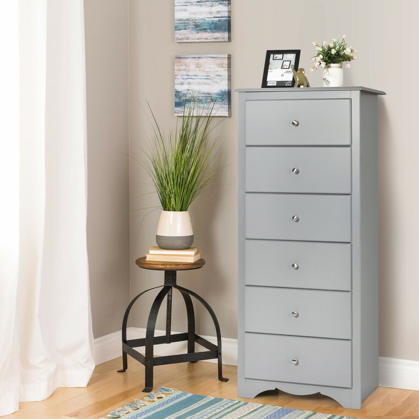 6 Drawers Chest Dresser Clothes Storage Bedroom Furniture Cabinet-Gray Kids Crystal