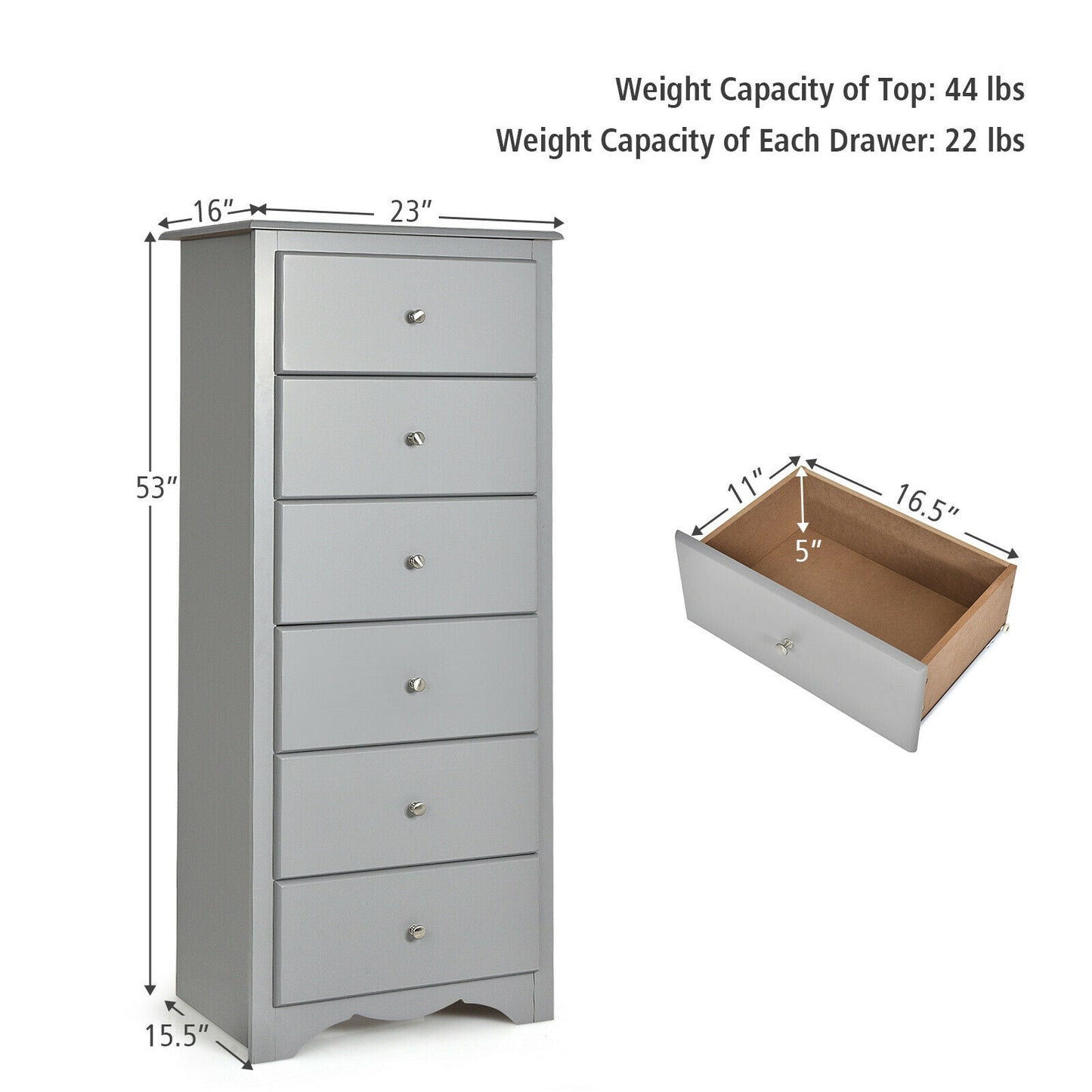 6 Drawers Chest Dresser Clothes Storage Bedroom Furniture Cabinet-Gray Kids Crystal