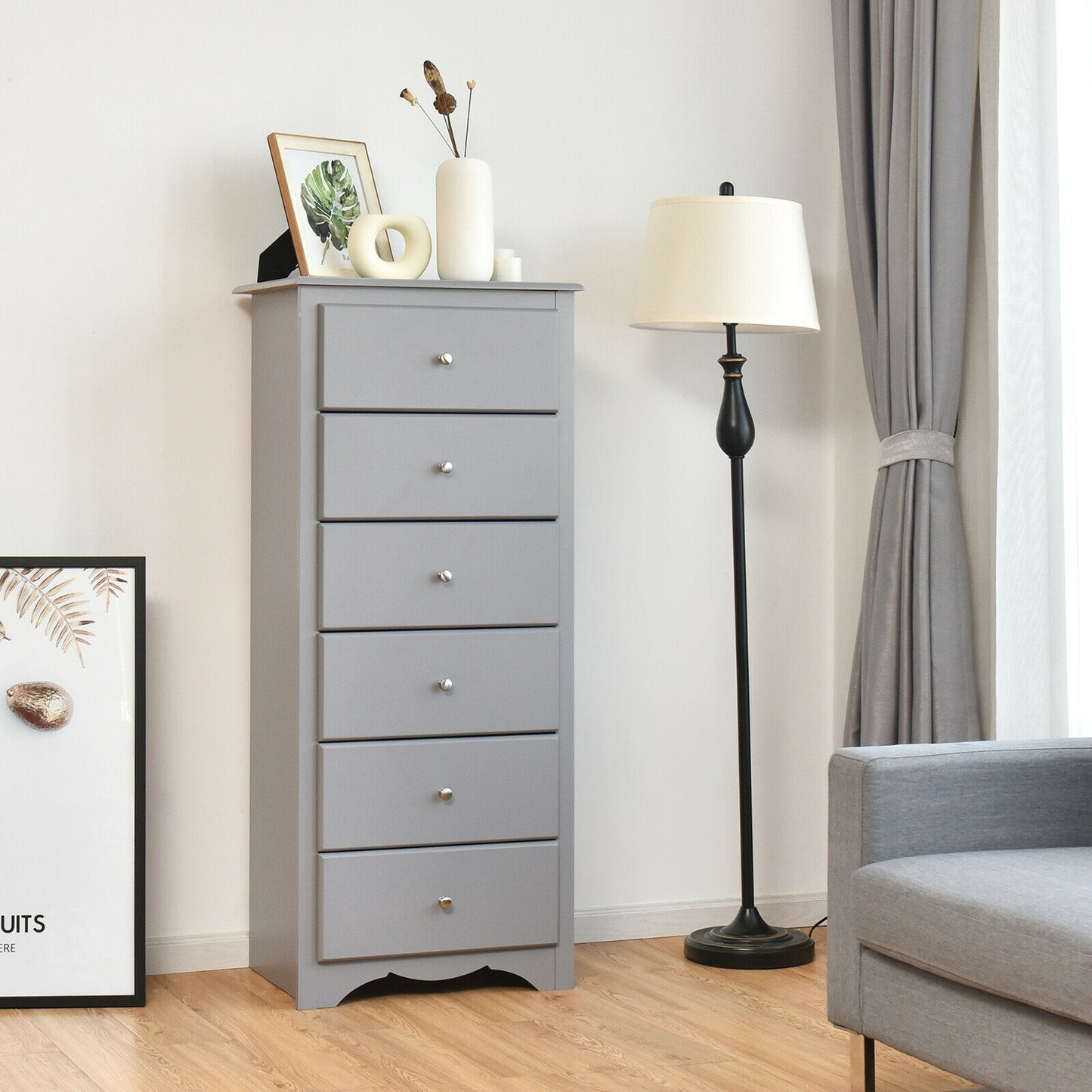 6 Drawers Chest Dresser Clothes Storage Bedroom Furniture Cabinet-Gray Kids Crystal