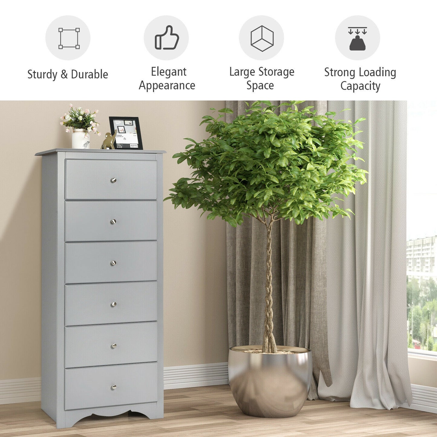 6 Drawers Chest Dresser Clothes Storage Bedroom Furniture Cabinet-Gray Kids Crystal