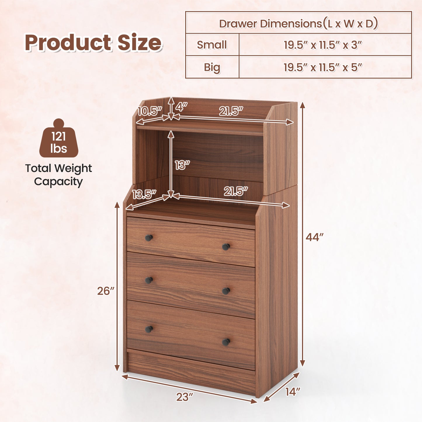 Modern Storage Dresser with Anti-toppling Device-Walnut Kids Crystal