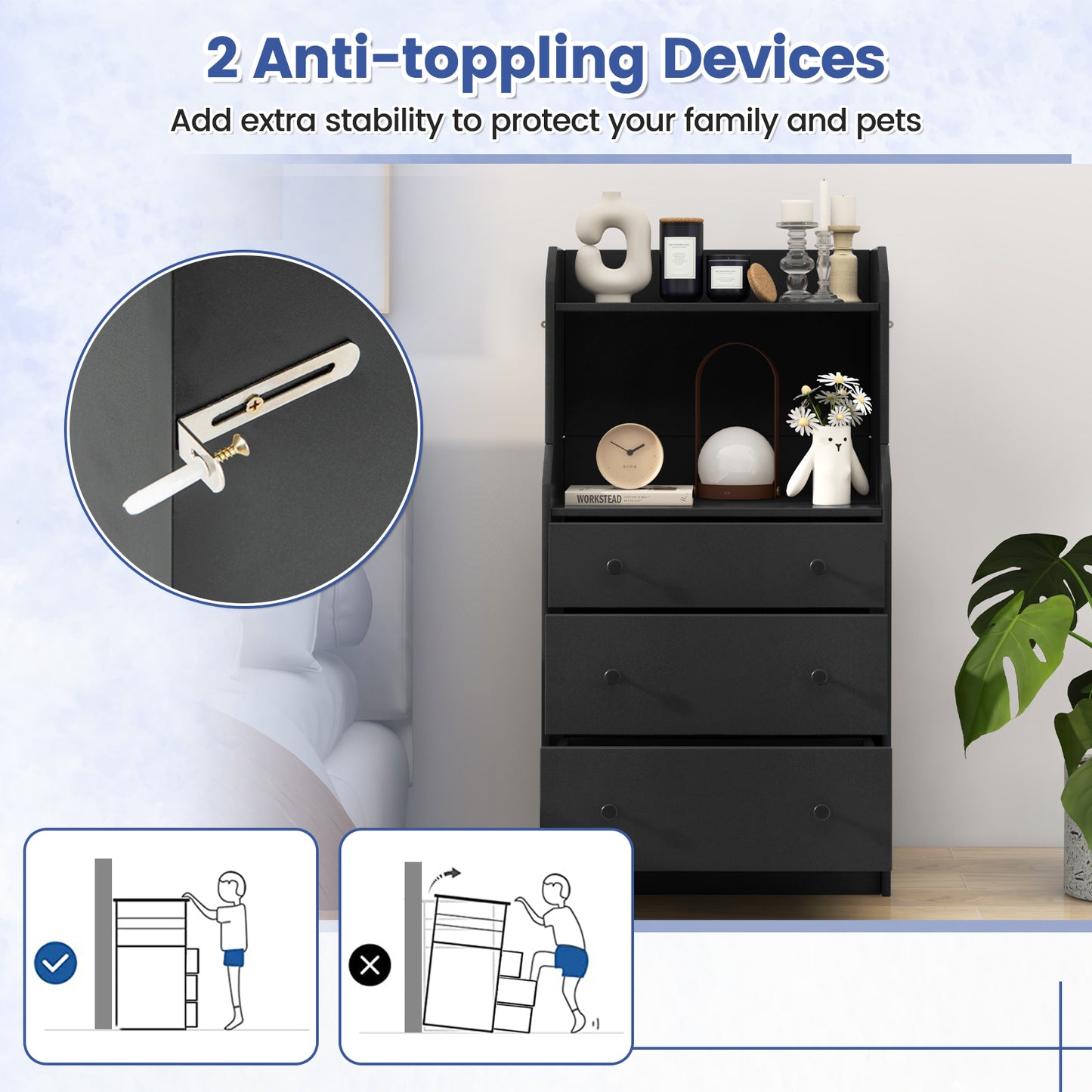 Modern Storage Dresser with Anti-toppling Device-Black Kids Crystal