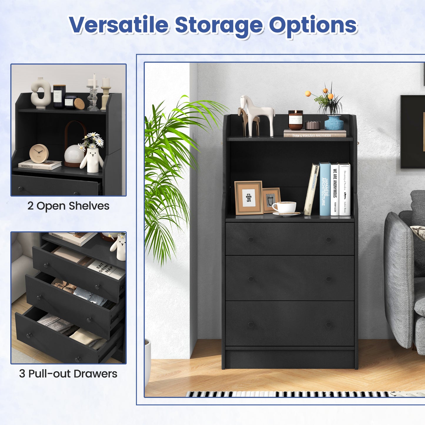 Modern Storage Dresser with Anti-toppling Device-Black Kids Crystal