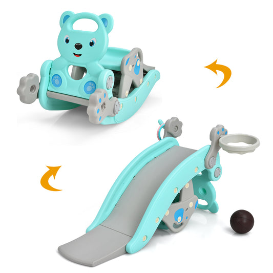 4-in-1 Toddler Slide and Rocking Horse Playset with Basketball Hoop-Blue Kids Crystal