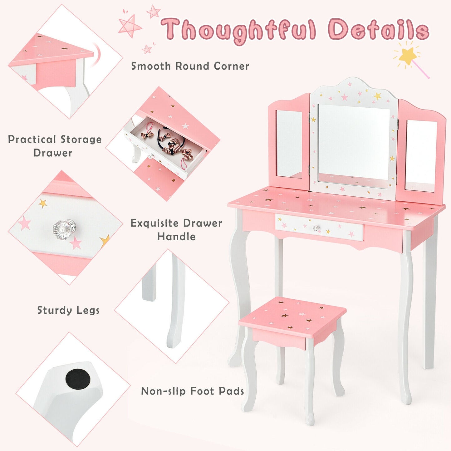 Kids Princess Vanity Table and Stool Set with Tri-folding Mirror and Drawer-Pink Kids Crystal