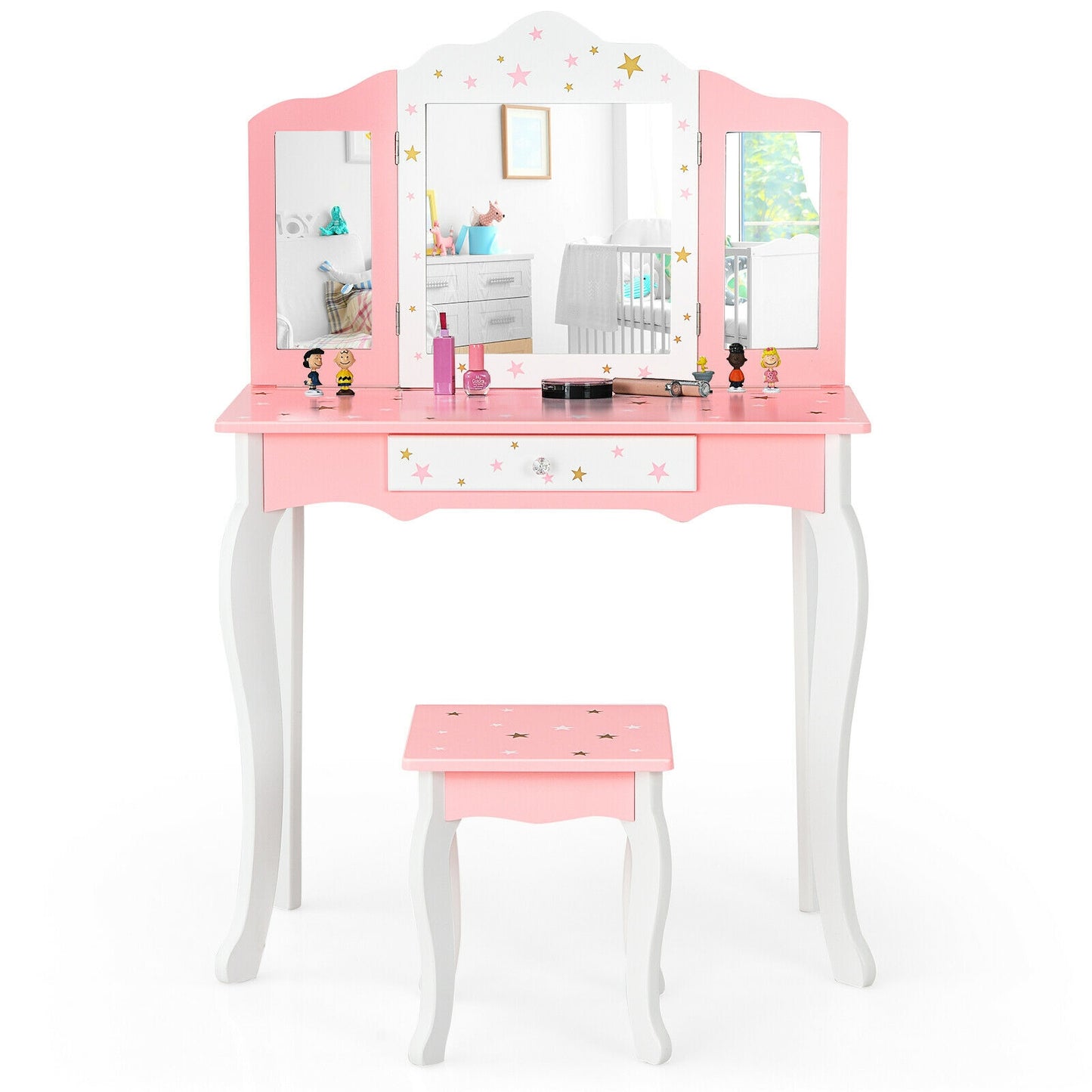 Kids Princess Vanity Table and Stool Set with Tri-folding Mirror and Drawer-Pink Kids Crystal