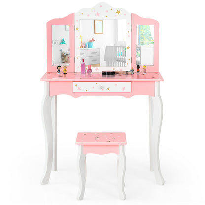 Kids Princess Vanity Table and Stool Set with Tri-folding Mirror and Drawer-Pink