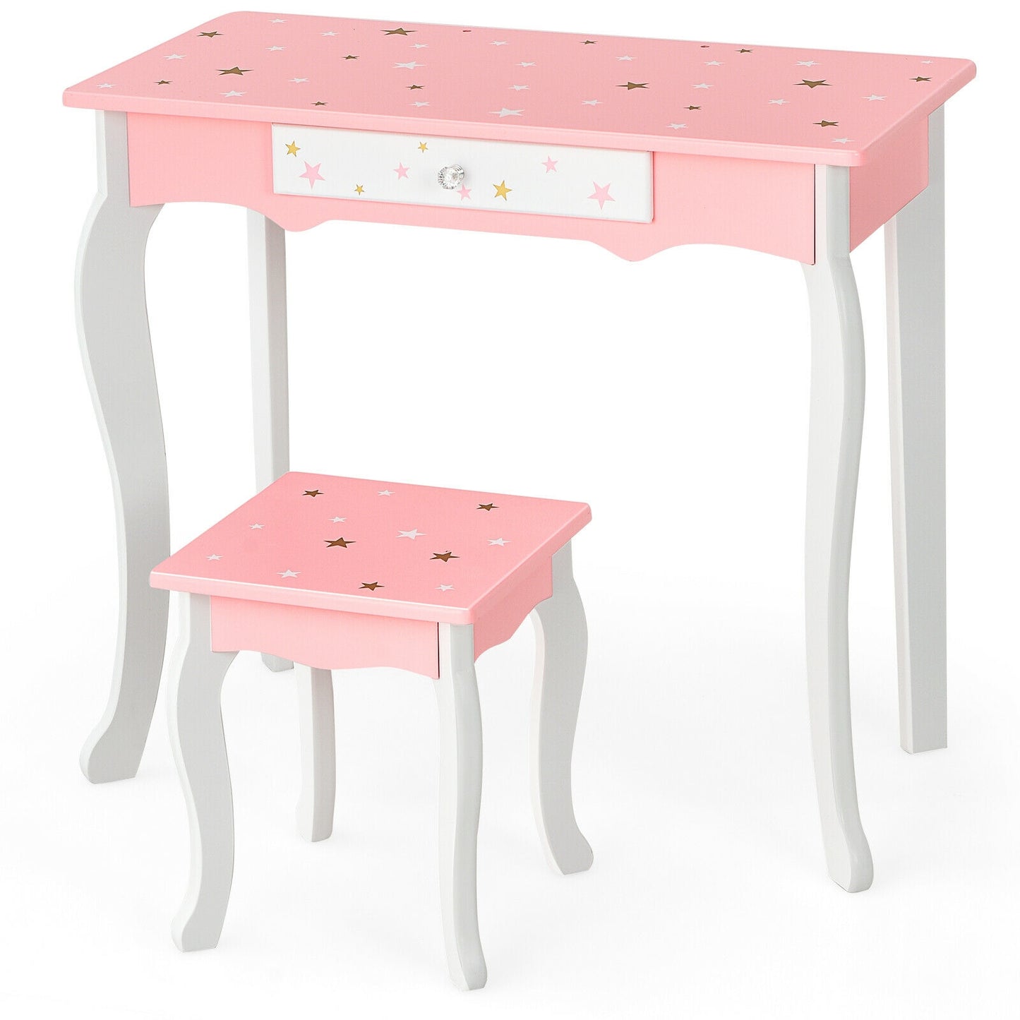 Kids Princess Vanity Table and Stool Set with Tri-folding Mirror and Drawer-Pink Kids Crystal