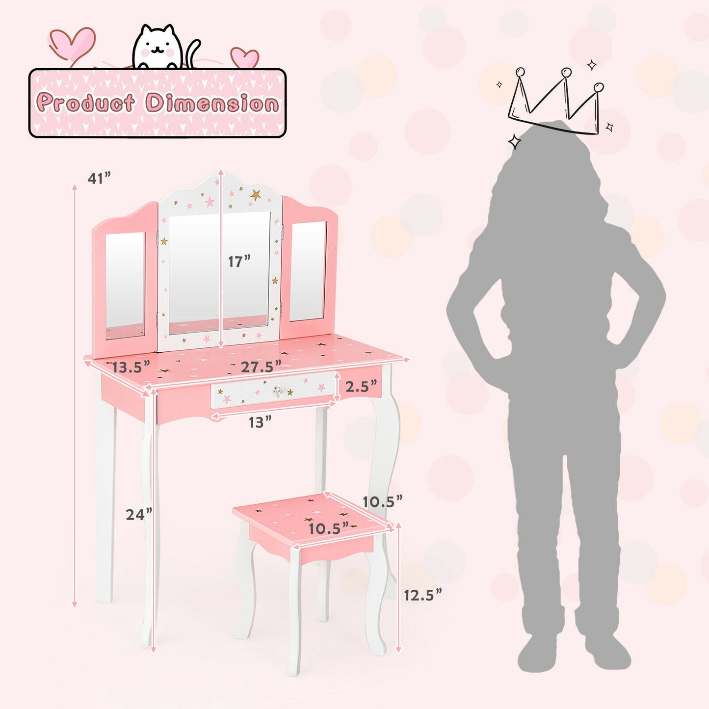 Kids Princess Vanity Table and Stool Set with Tri-folding Mirror and Drawer-Pink Kids Crystal