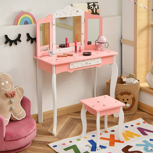 Kids Princess Vanity Table and Stool Set with Tri-folding Mirror and Drawer-Pink Kids Crystal