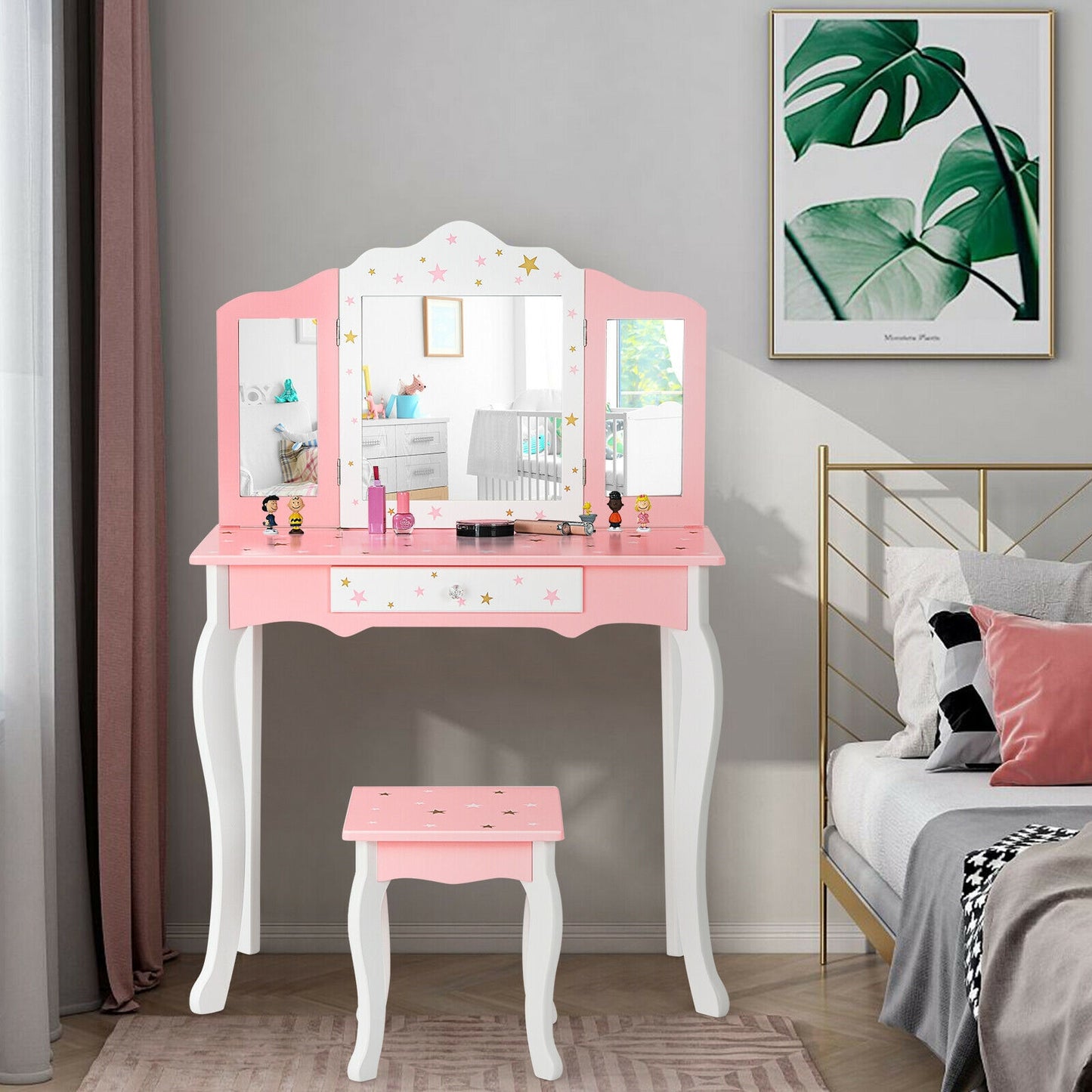 Kids Princess Vanity Table and Stool Set with Tri-folding Mirror and Drawer-Pink Kids Crystal