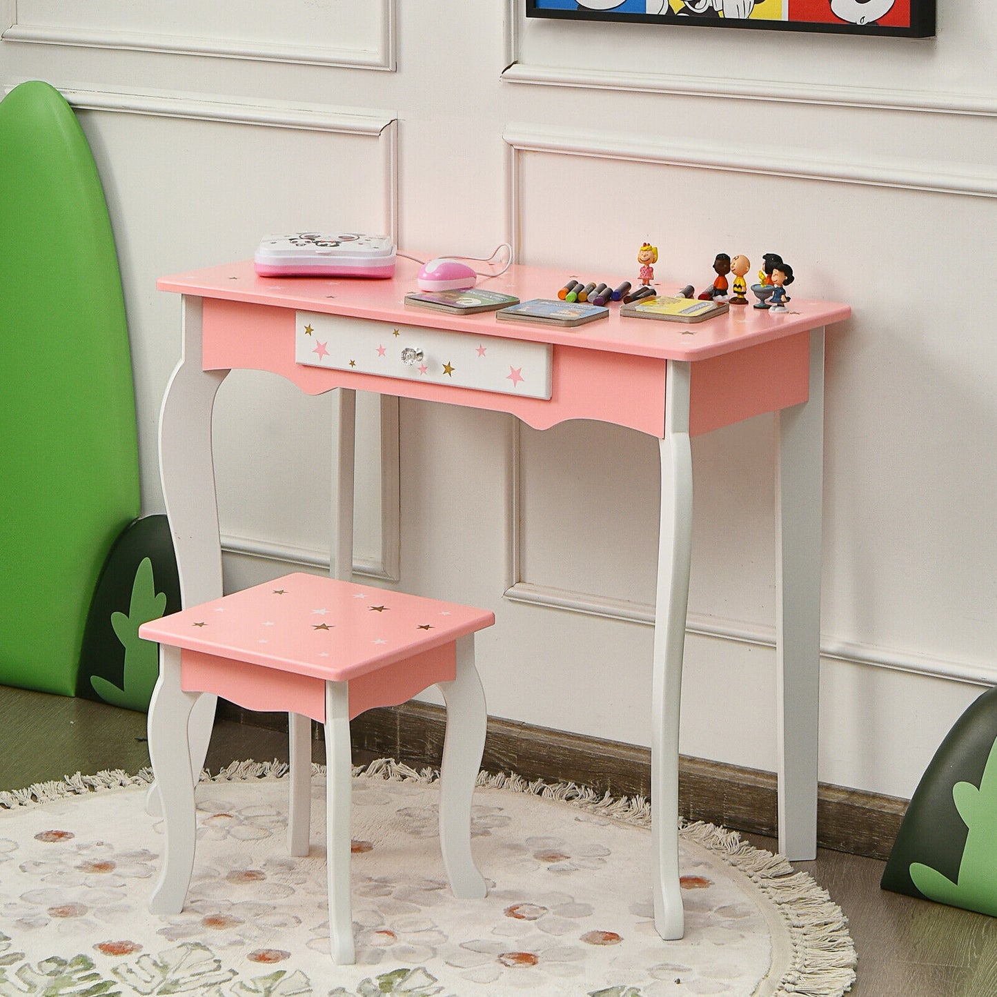 Kids Princess Vanity Table and Stool Set with Tri-folding Mirror and Drawer-Pink Kids Crystal