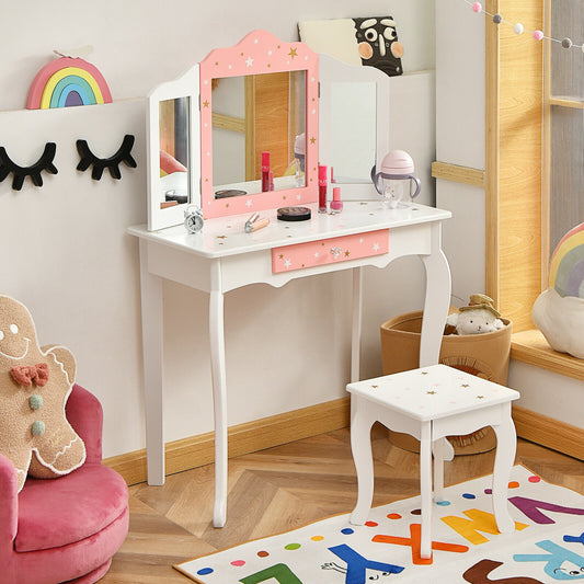 Kids Princess Vanity Table and Stool Set with Tri-folding Mirror and Drawer-White Kids Crystal