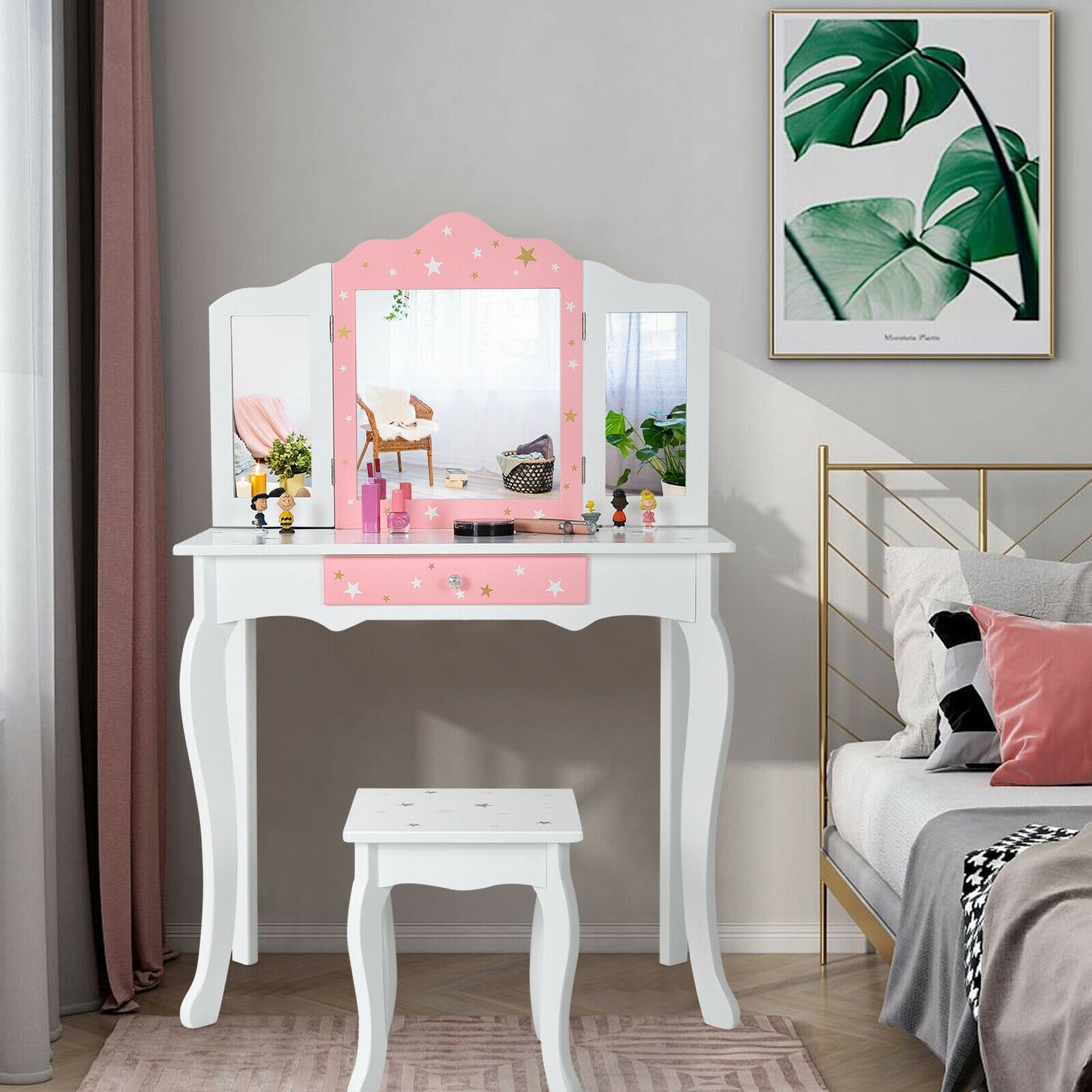 Kids Princess Vanity Table and Stool Set with Tri-folding Mirror and Drawer-White Kids Crystal