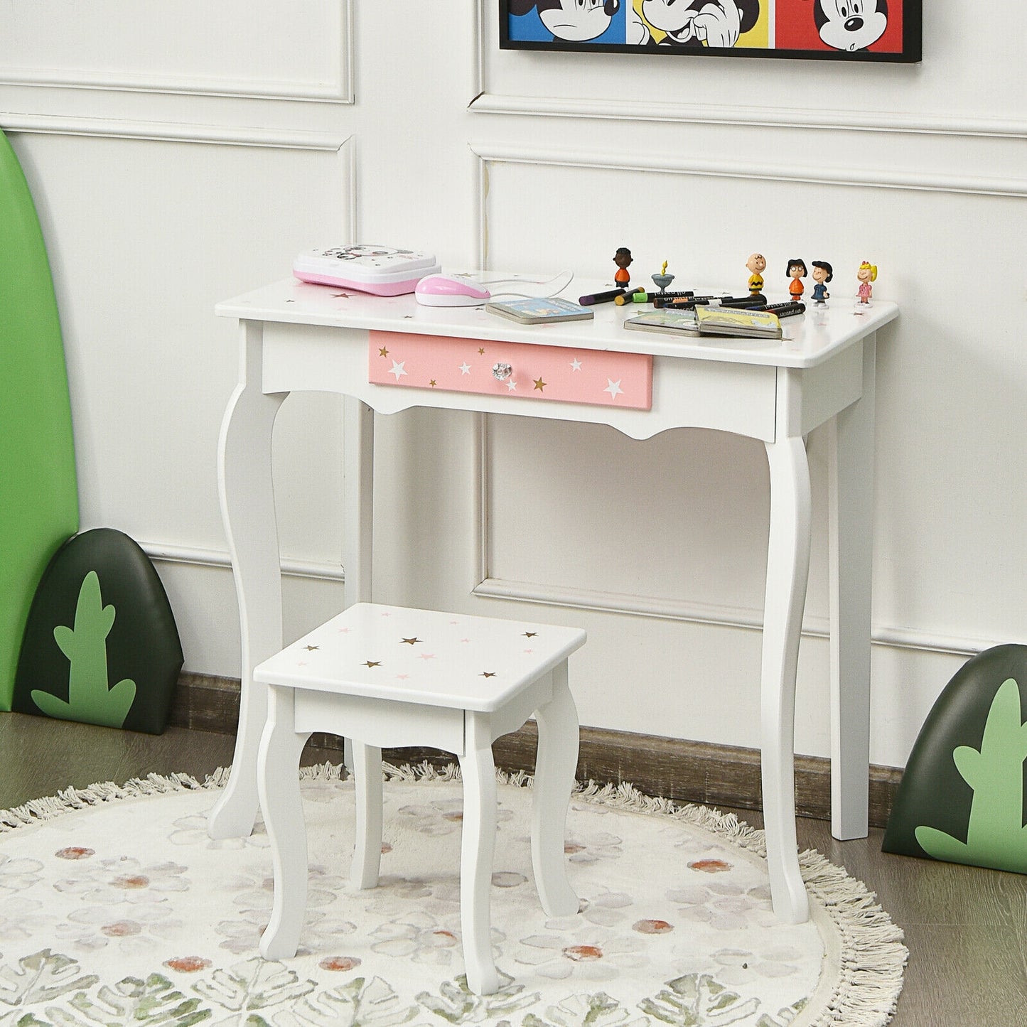 Kids Princess Vanity Table and Stool Set with Tri-folding Mirror and Drawer-White Kids Crystal