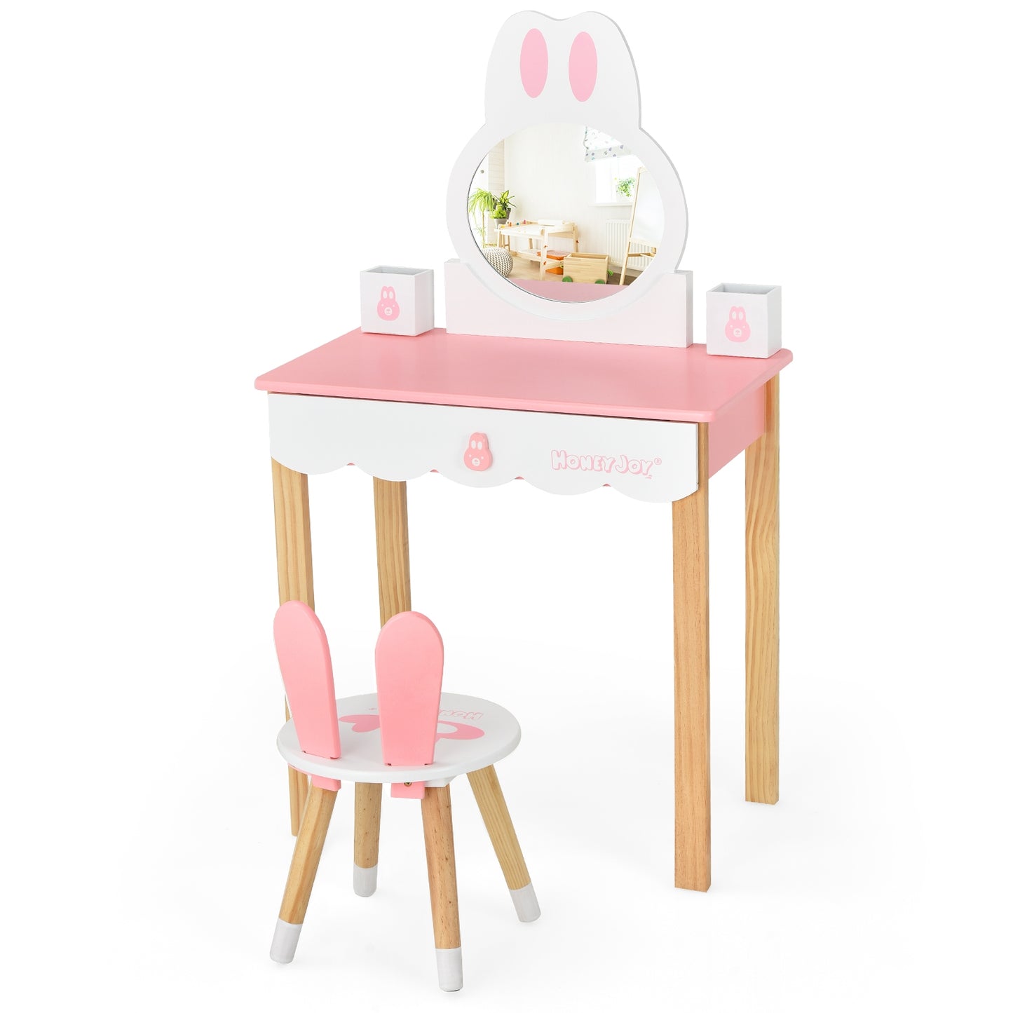 Kids Vanity Set Rabbit Makeup Dressing Table Chair Set with Mirror and Drawer-Pink Kids Crystal