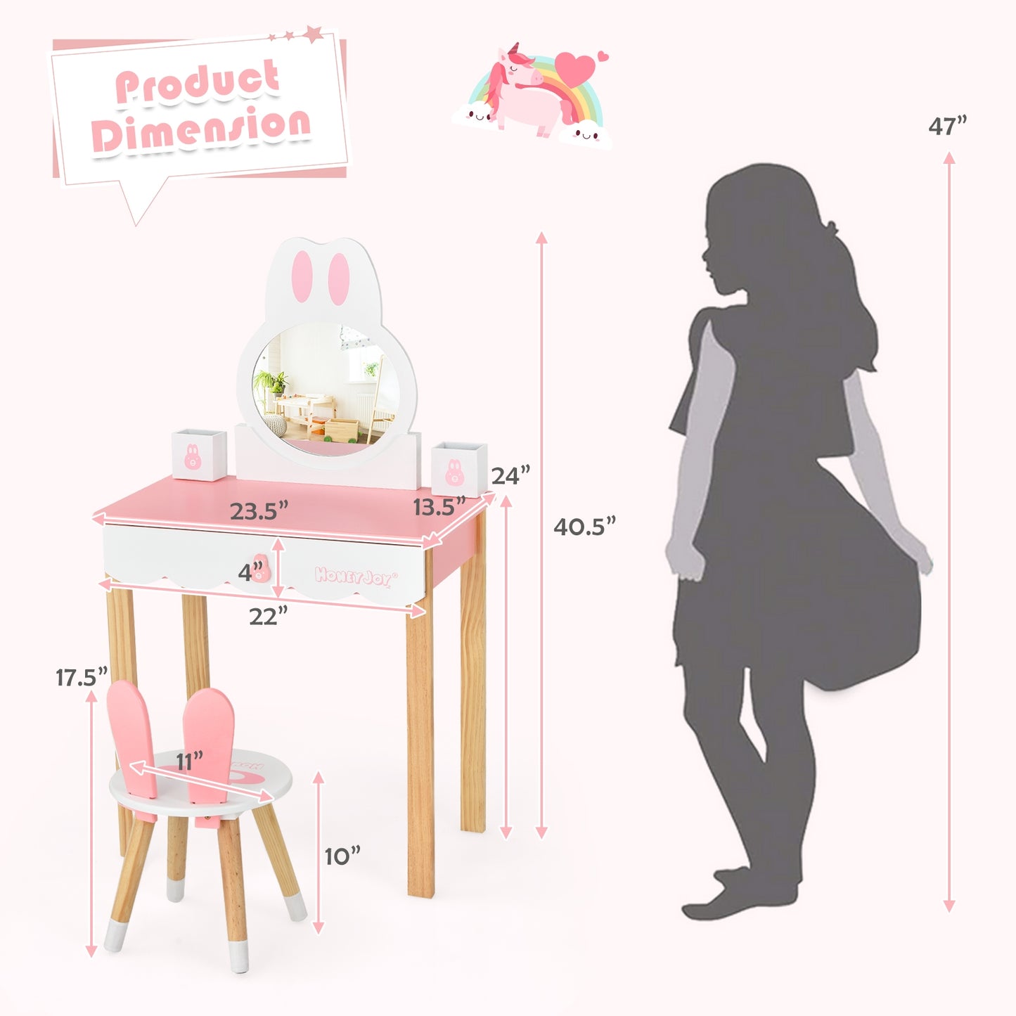 Kids Vanity Set Rabbit Makeup Dressing Table Chair Set with Mirror and Drawer-Pink Kids Crystal