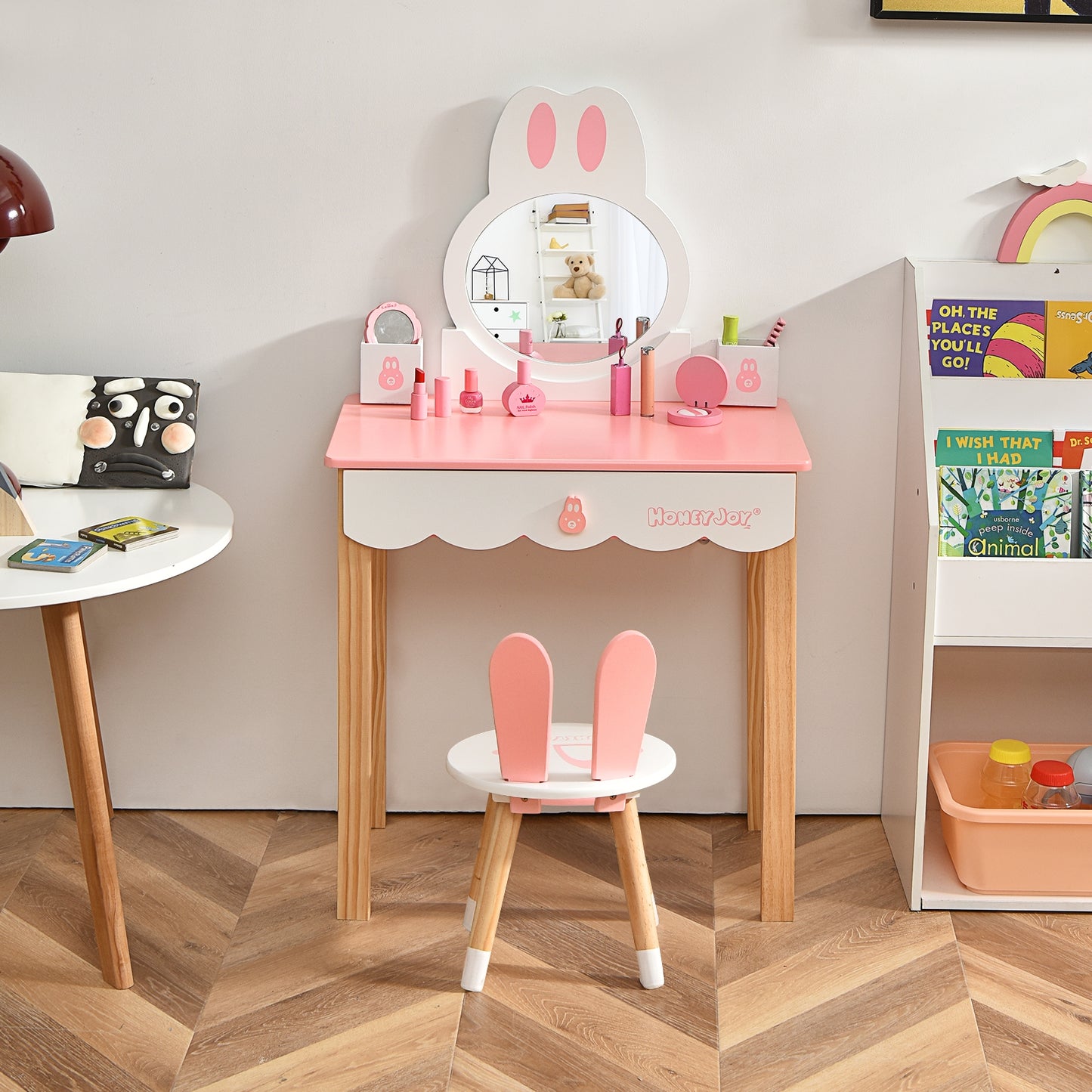 Kids Vanity Set Rabbit Makeup Dressing Table Chair Set with Mirror and Drawer-Pink Kids Crystal