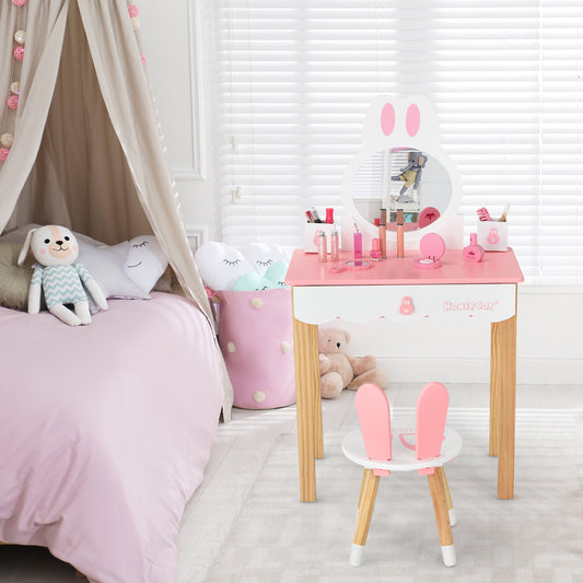 Kids Vanity Set Rabbit Makeup Dressing Table Chair Set with Mirror and Drawer-Pink Kids Crystal