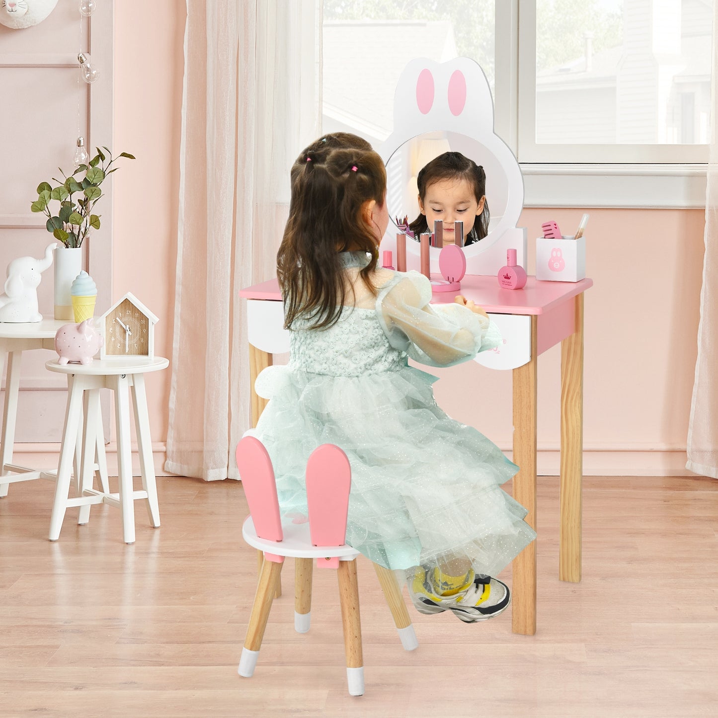 Kids Vanity Set Rabbit Makeup Dressing Table Chair Set with Mirror and Drawer-Pink Kids Crystal