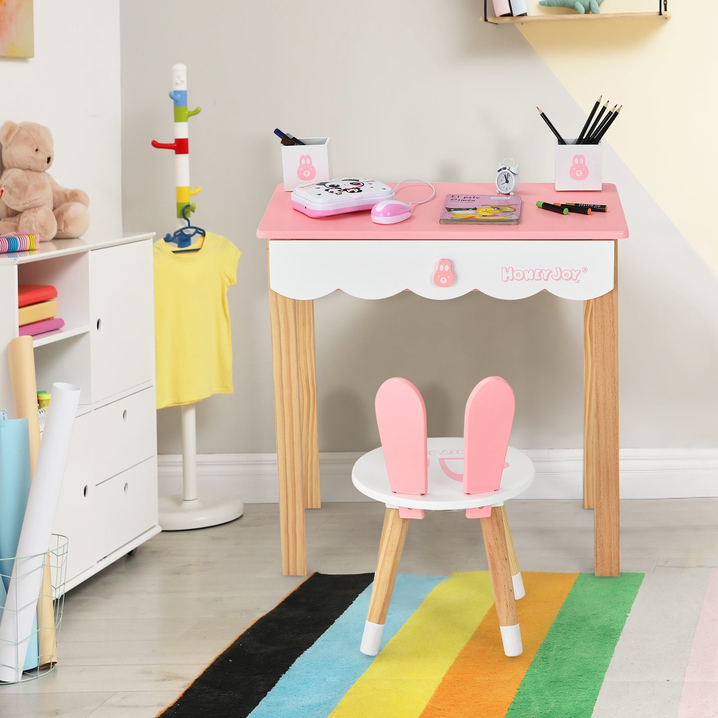 Kids Vanity Set Rabbit Makeup Dressing Table Chair Set with Mirror and Drawer-Pink Kids Crystal