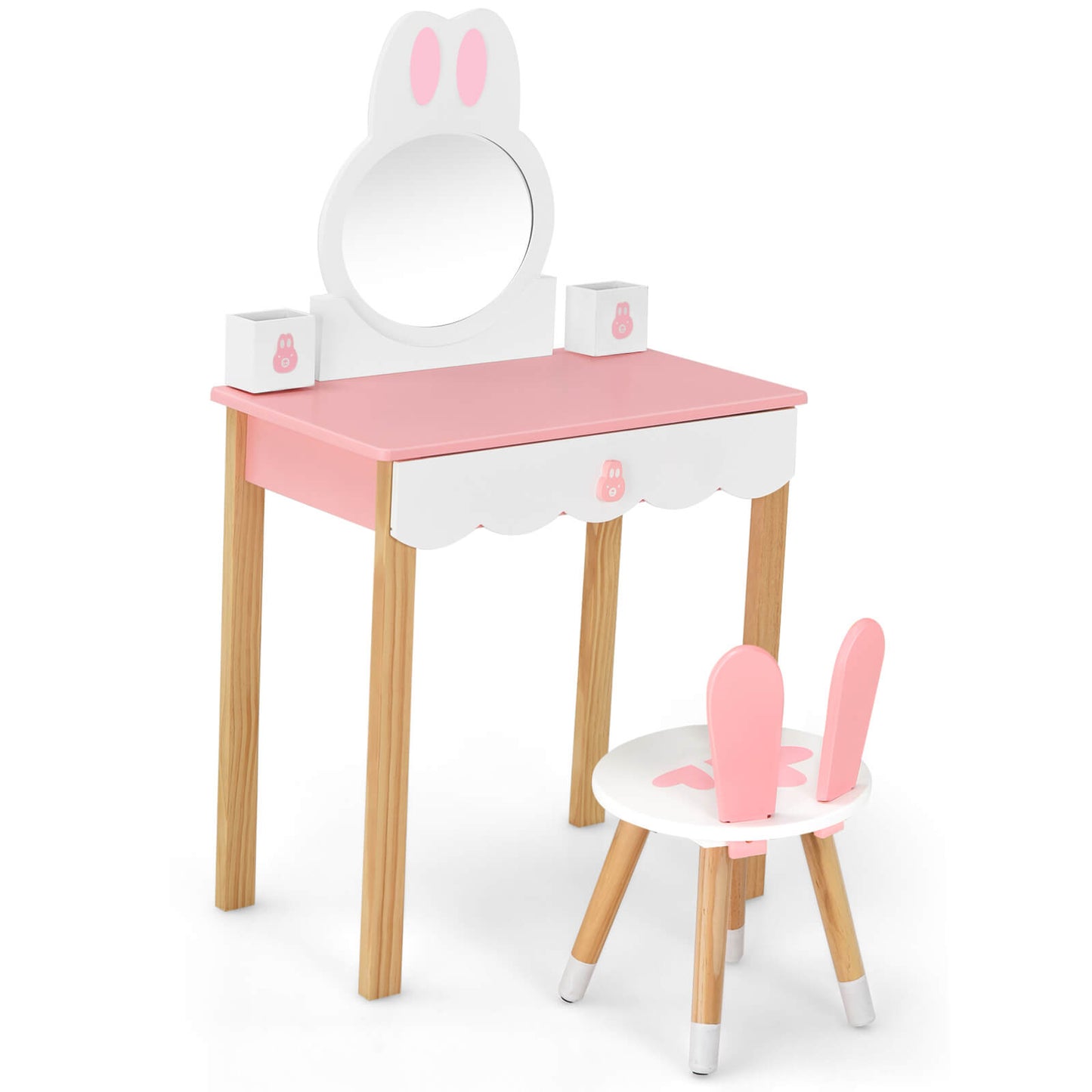 Kids Vanity Set Rabbit Makeup Dressing Table Chair Set with Mirror and Drawer-Pink Kids Crystal
