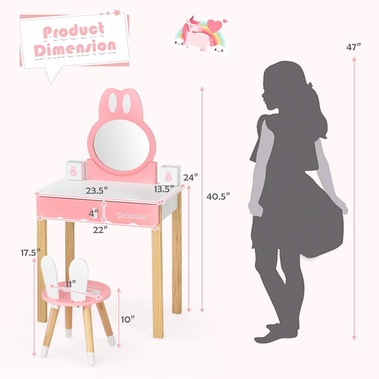 Kids Vanity Set Rabbit Makeup Dressing Table Chair Set with Mirror and Drawer-White Kids Crystal