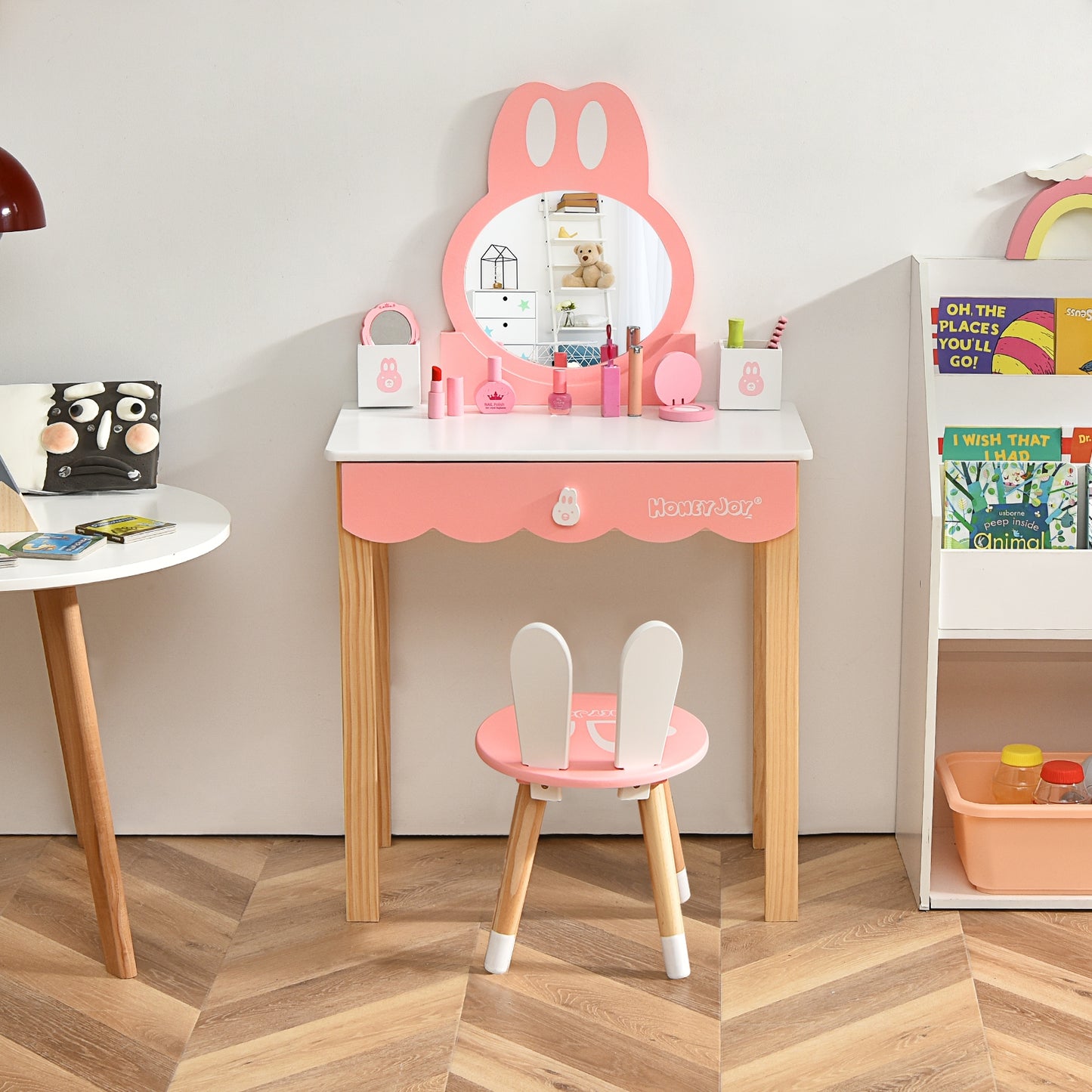 Kids Vanity Set Rabbit Makeup Dressing Table Chair Set with Mirror and Drawer-White Kids Crystal