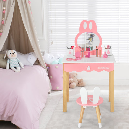 Kids Vanity Set Rabbit Makeup Dressing Table Chair Set with Mirror and Drawer-White Kids Crystal