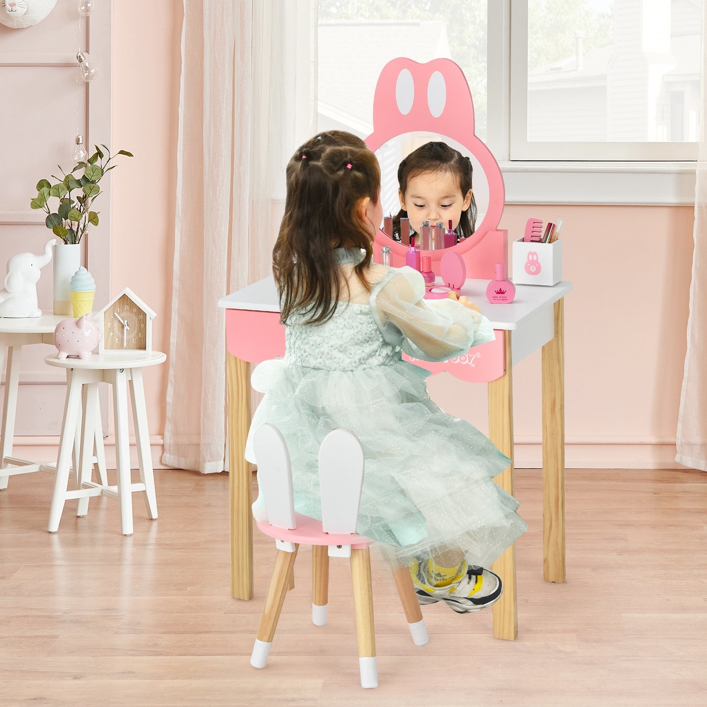 Kids Vanity Set Rabbit Makeup Dressing Table Chair Set with Mirror and Drawer-White Kids Crystal