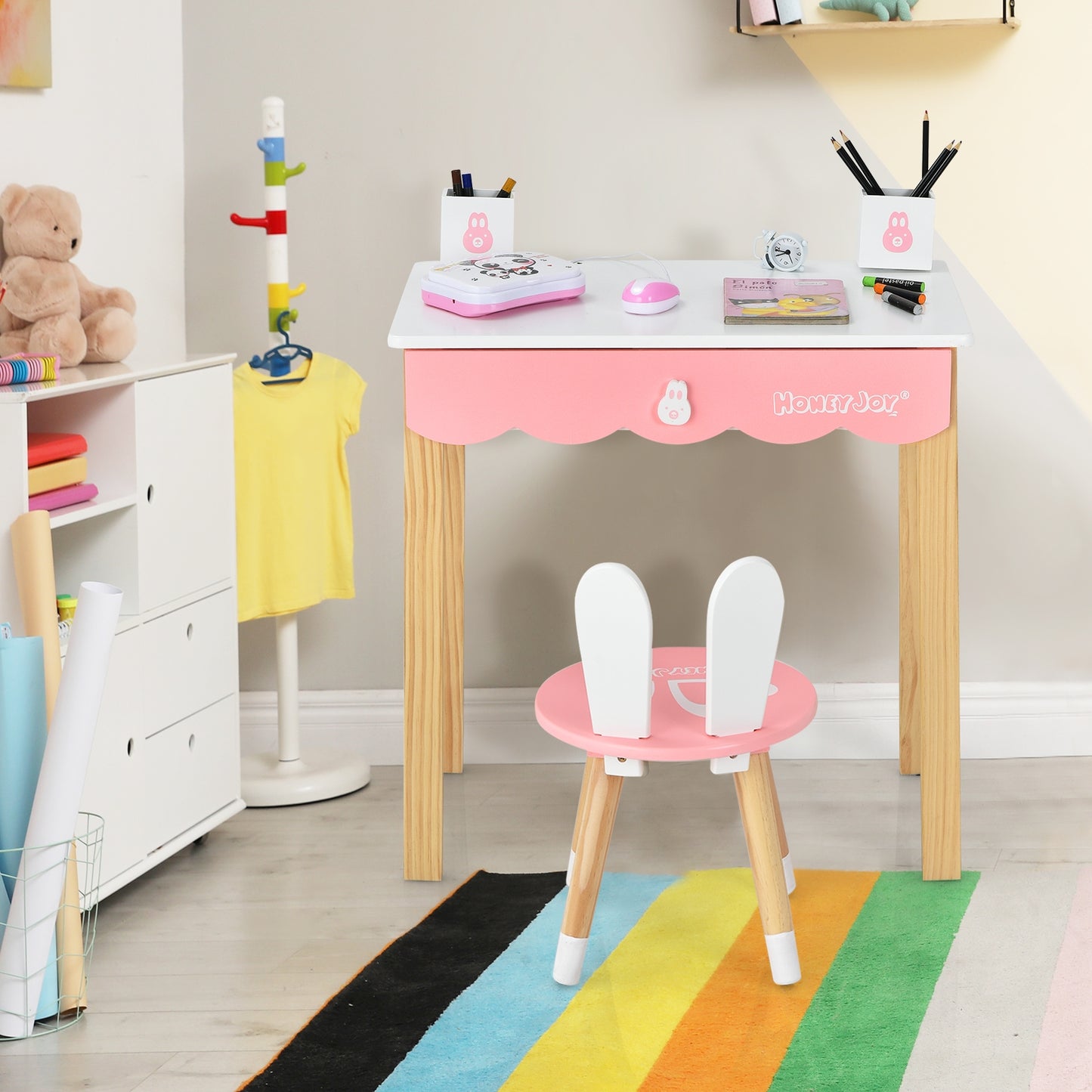 Kids Vanity Set Rabbit Makeup Dressing Table Chair Set with Mirror and Drawer-White Kids Crystal