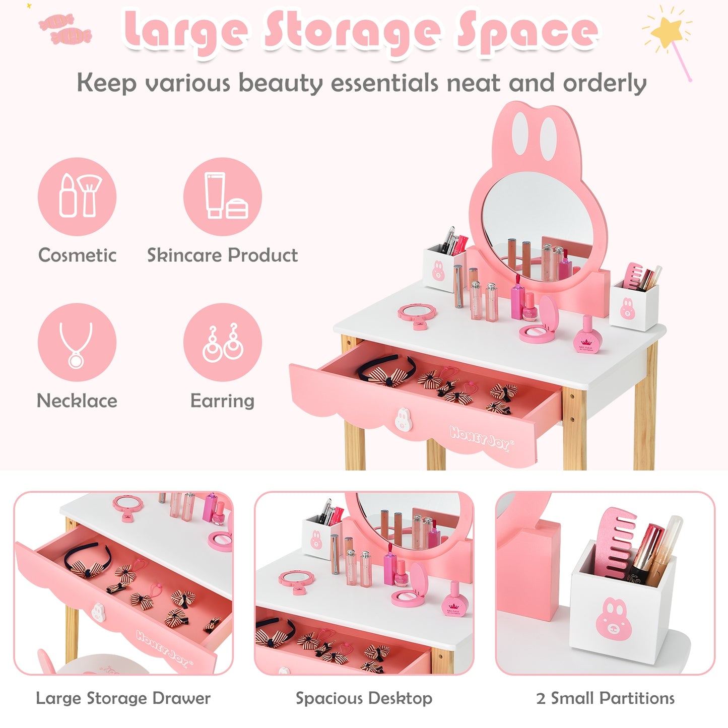 Kids Vanity Set Rabbit Makeup Dressing Table Chair Set with Mirror and Drawer-White Kids Crystal