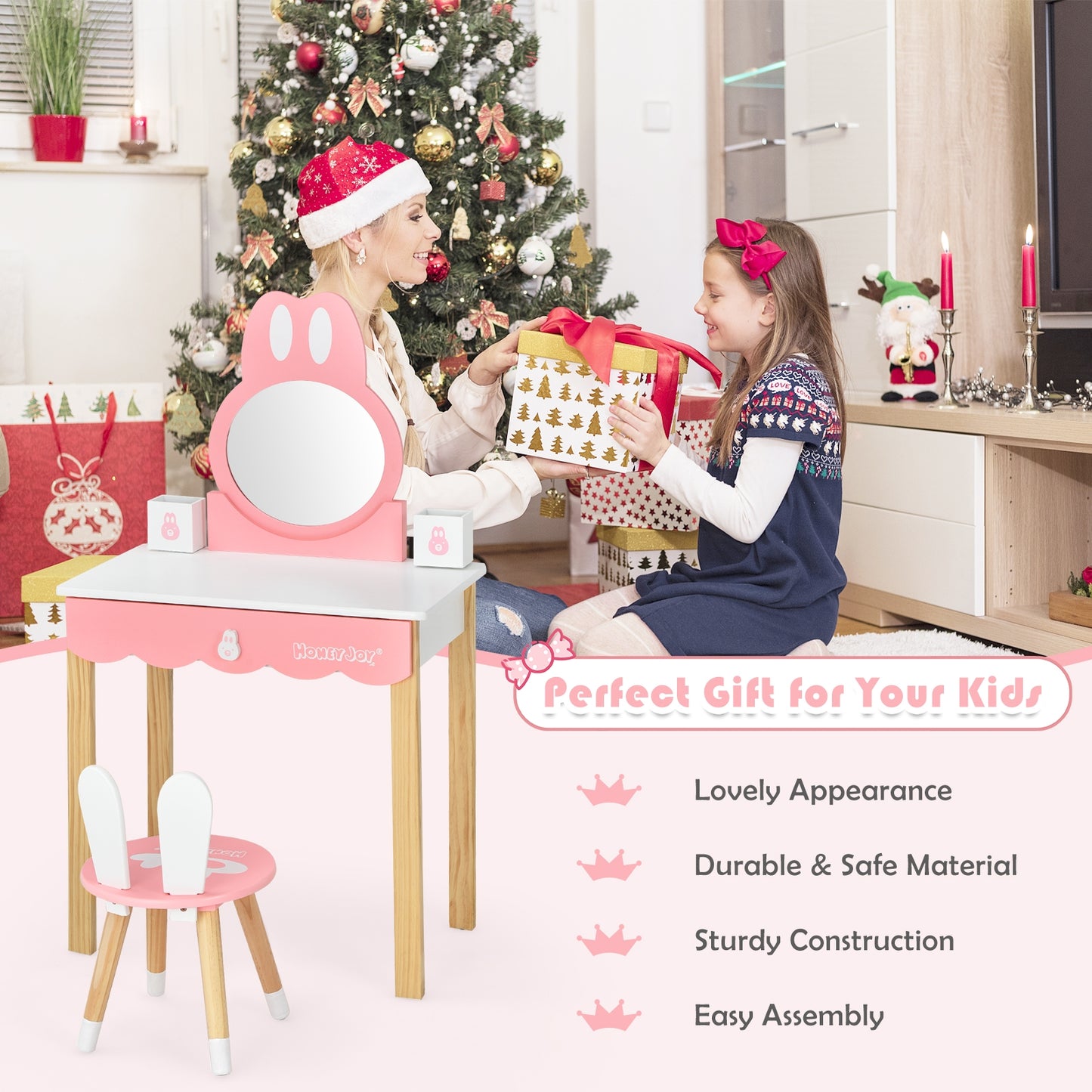 Kids Vanity Set Rabbit Makeup Dressing Table Chair Set with Mirror and Drawer-White Kids Crystal