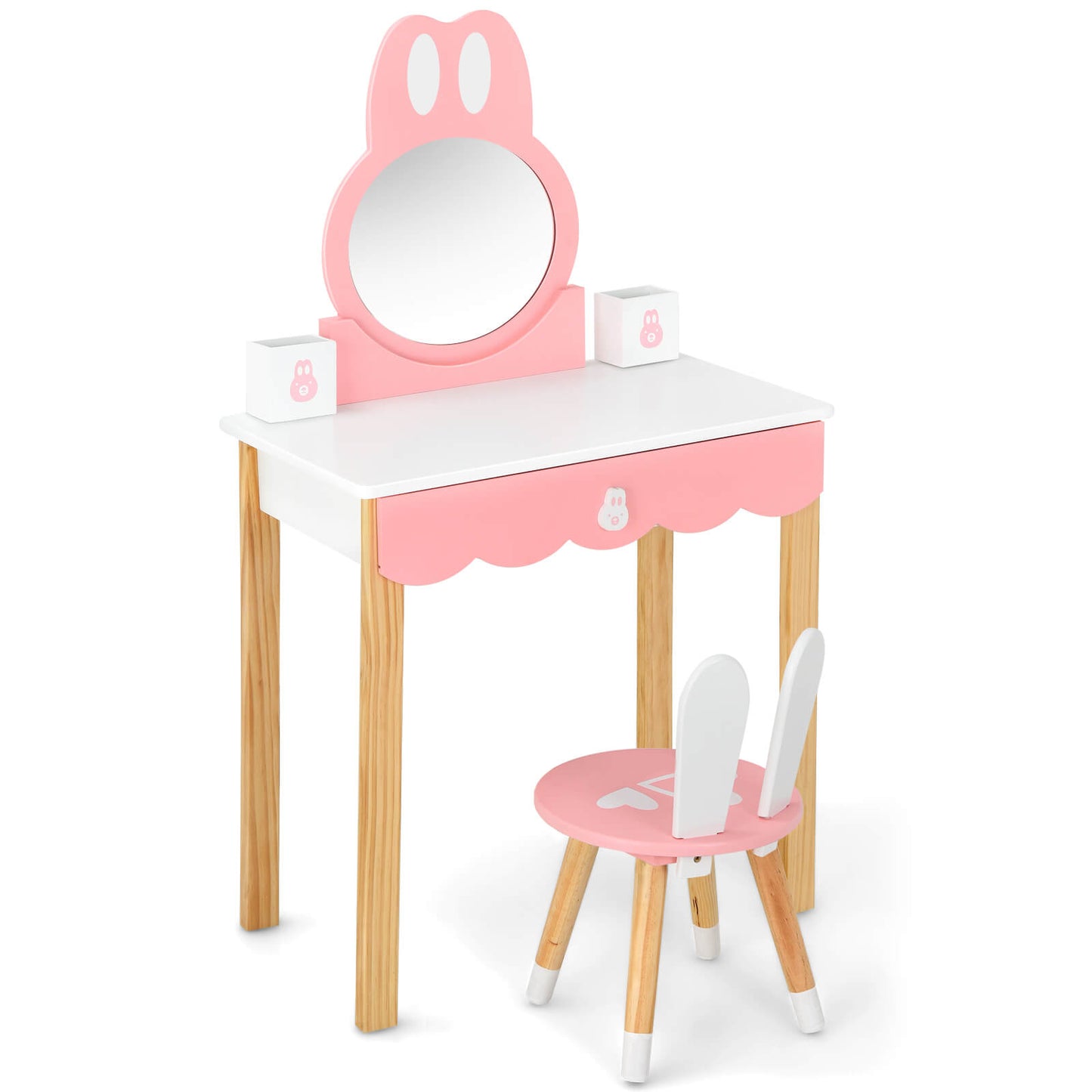 Kids Vanity Set Rabbit Makeup Dressing Table Chair Set with Mirror and Drawer-White Kids Crystal
