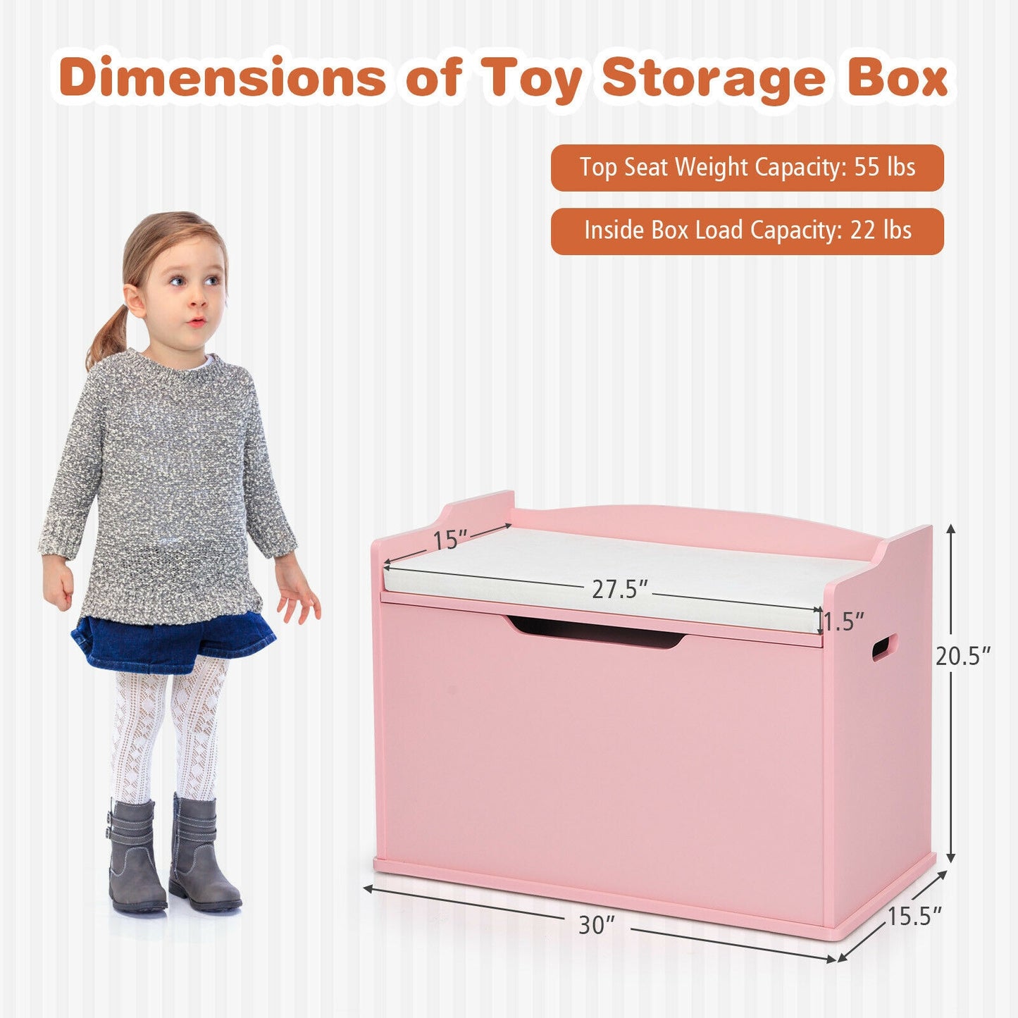 Kids Toy Wooden Flip-top Storage Box Chest Bench with Cushion Hinge-Pink Kids Crystal