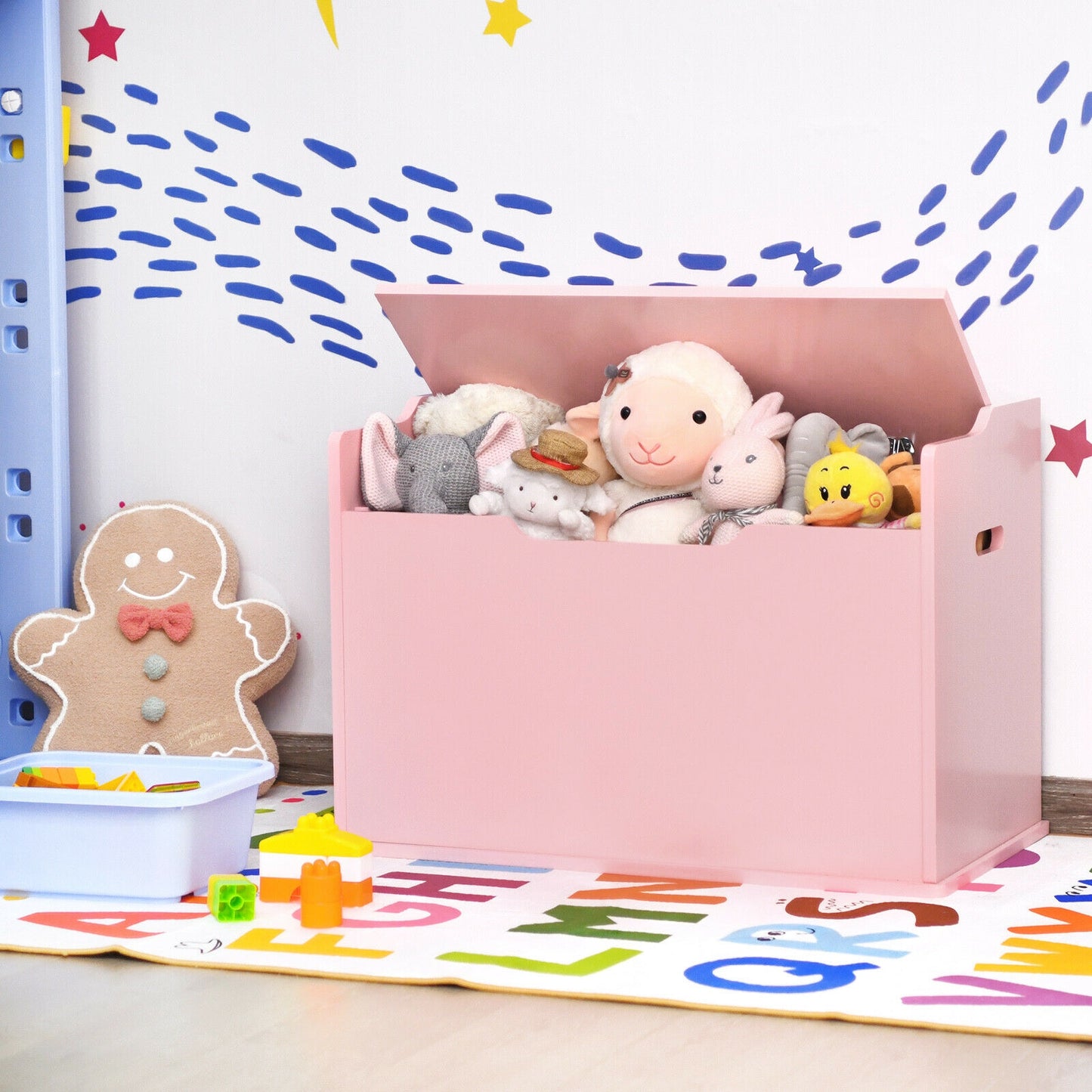 Kids Toy Wooden Flip-top Storage Box Chest Bench with Cushion Hinge-Pink Kids Crystal