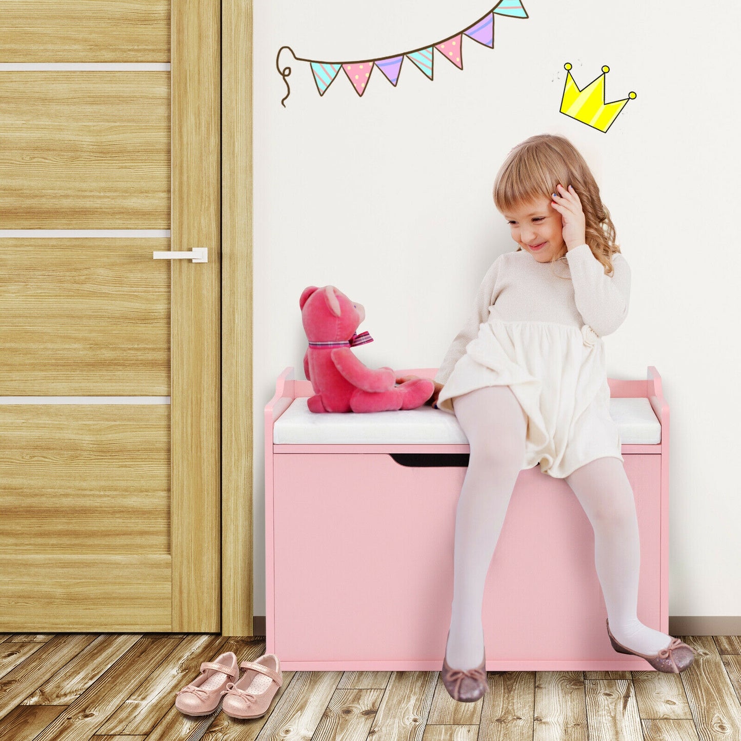 Kids Toy Wooden Flip-top Storage Box Chest Bench with Cushion Hinge-Pink Kids Crystal