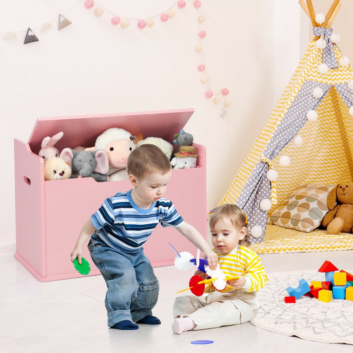 Kids Toy Wooden Flip-top Storage Box Chest Bench with Cushion Hinge-Pink Kids Crystal
