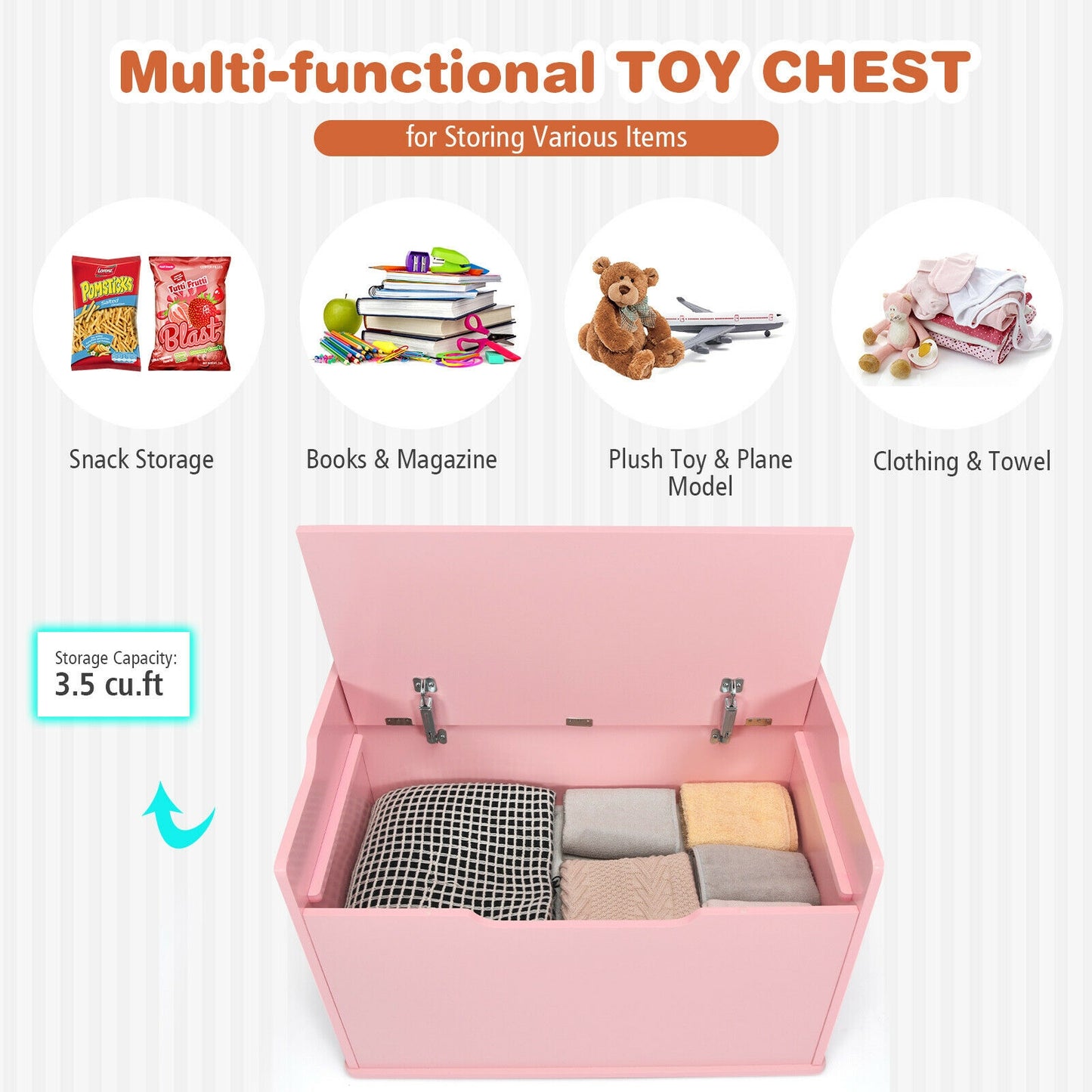 Kids Toy Wooden Flip-top Storage Box Chest Bench with Cushion Hinge-Pink Kids Crystal