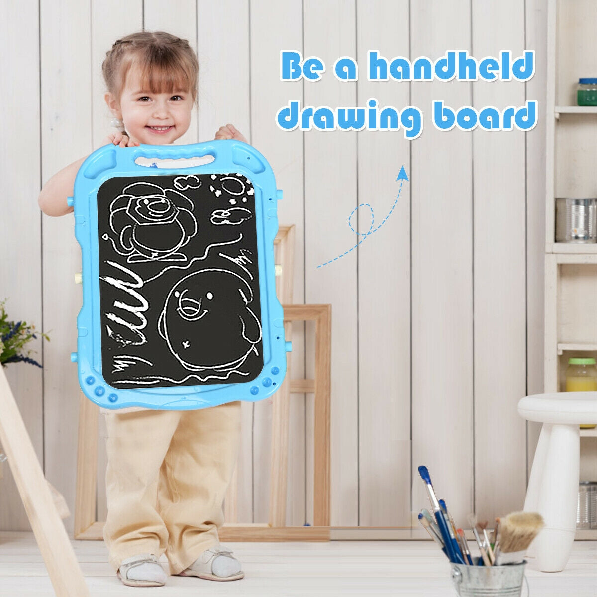 Height Adjustable Kids Art Easel Magnetic Double Sided Board-Blue Kids Crystal