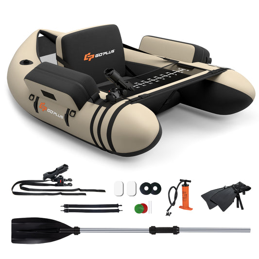 Inflatable Fishing Float Tube with Fish Ruler and Pump Storage Pockets-Beige Kids Crystal
