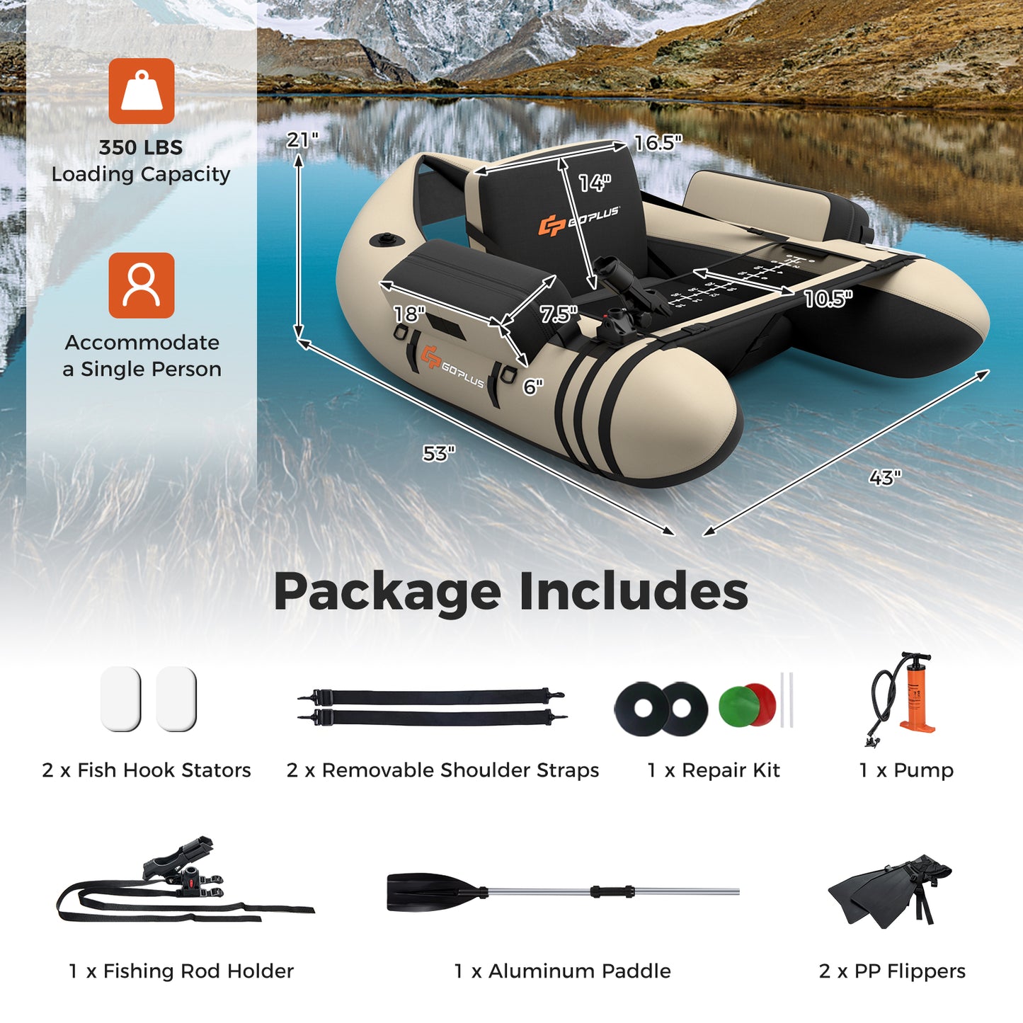 Inflatable Fishing Float Tube with Fish Ruler and Pump Storage Pockets-Beige Kids Crystal