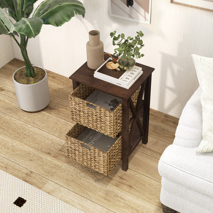 2-Tier Nightstand with 2 Seagrass Baskets Narrow X-Design-2-Tier