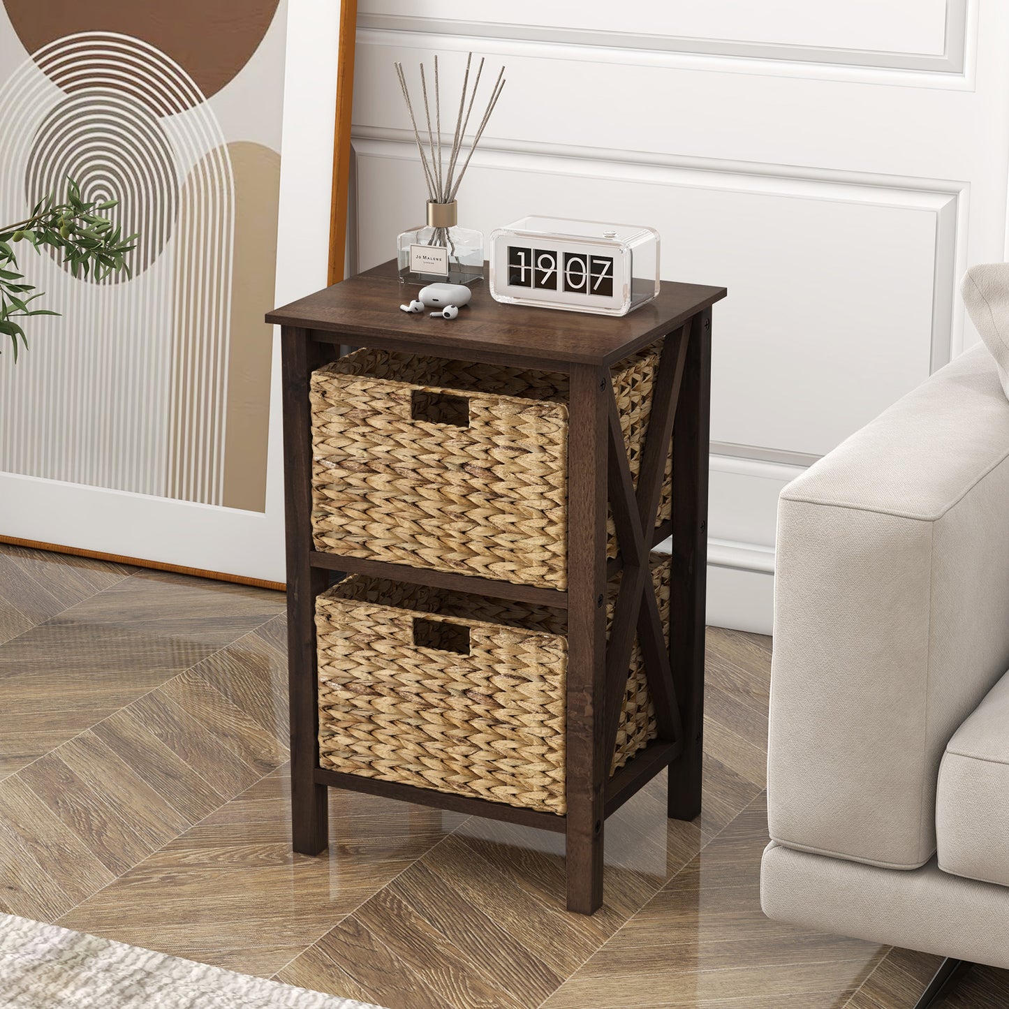 2-Tier Nightstand with 2 Seagrass Baskets Narrow X-Design-2-Tier Kids Crystal