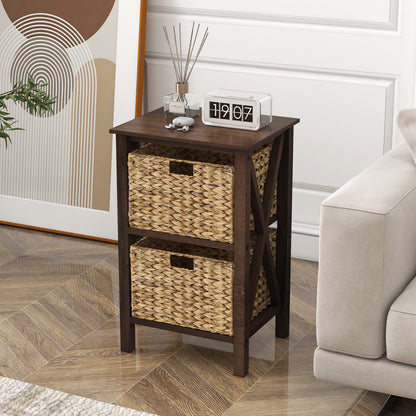 2-Tier Nightstand with 2 Seagrass Baskets Narrow X-Design-2-Tier