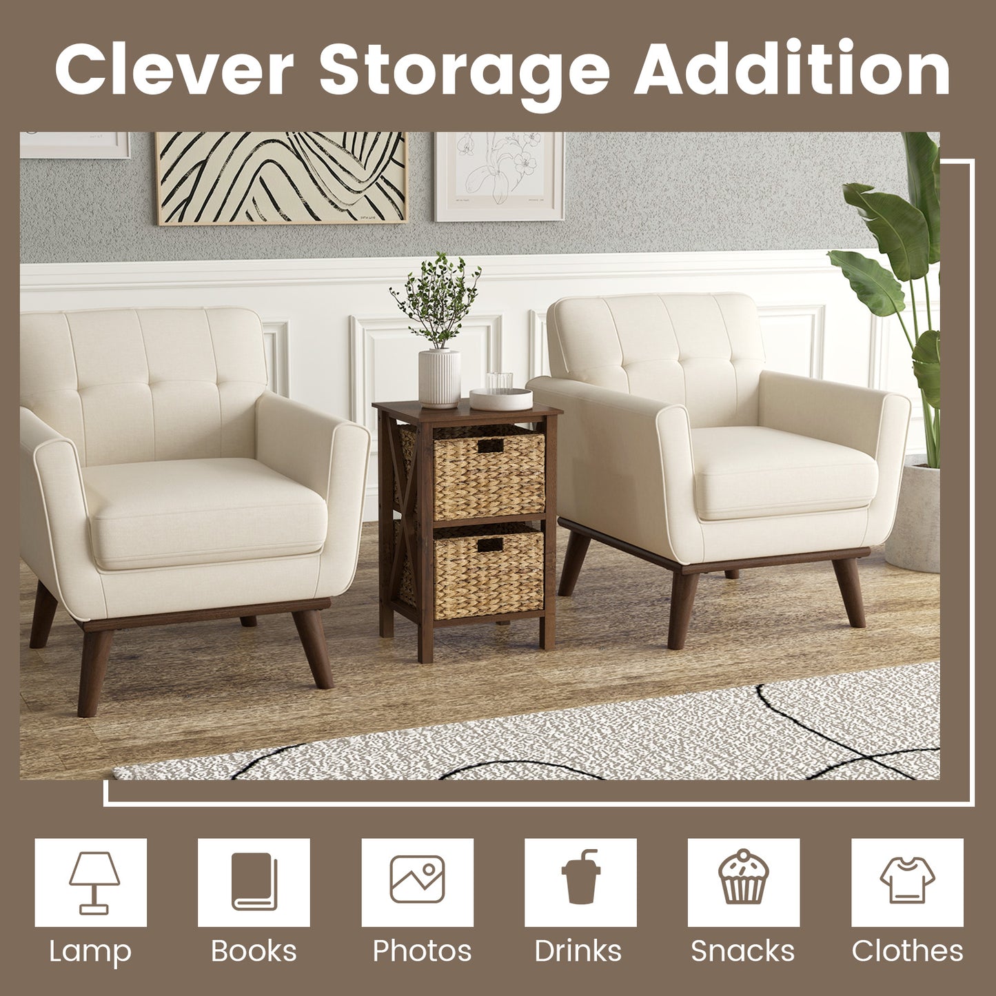 2-Tier Nightstand with 2 Seagrass Baskets Narrow X-Design-2-Tier Kids Crystal