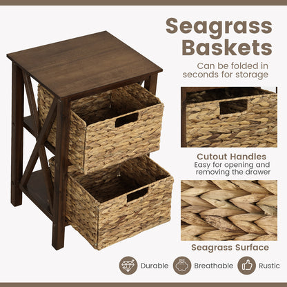 2-Tier Nightstand with 2 Seagrass Baskets Narrow X-Design-2-Tier