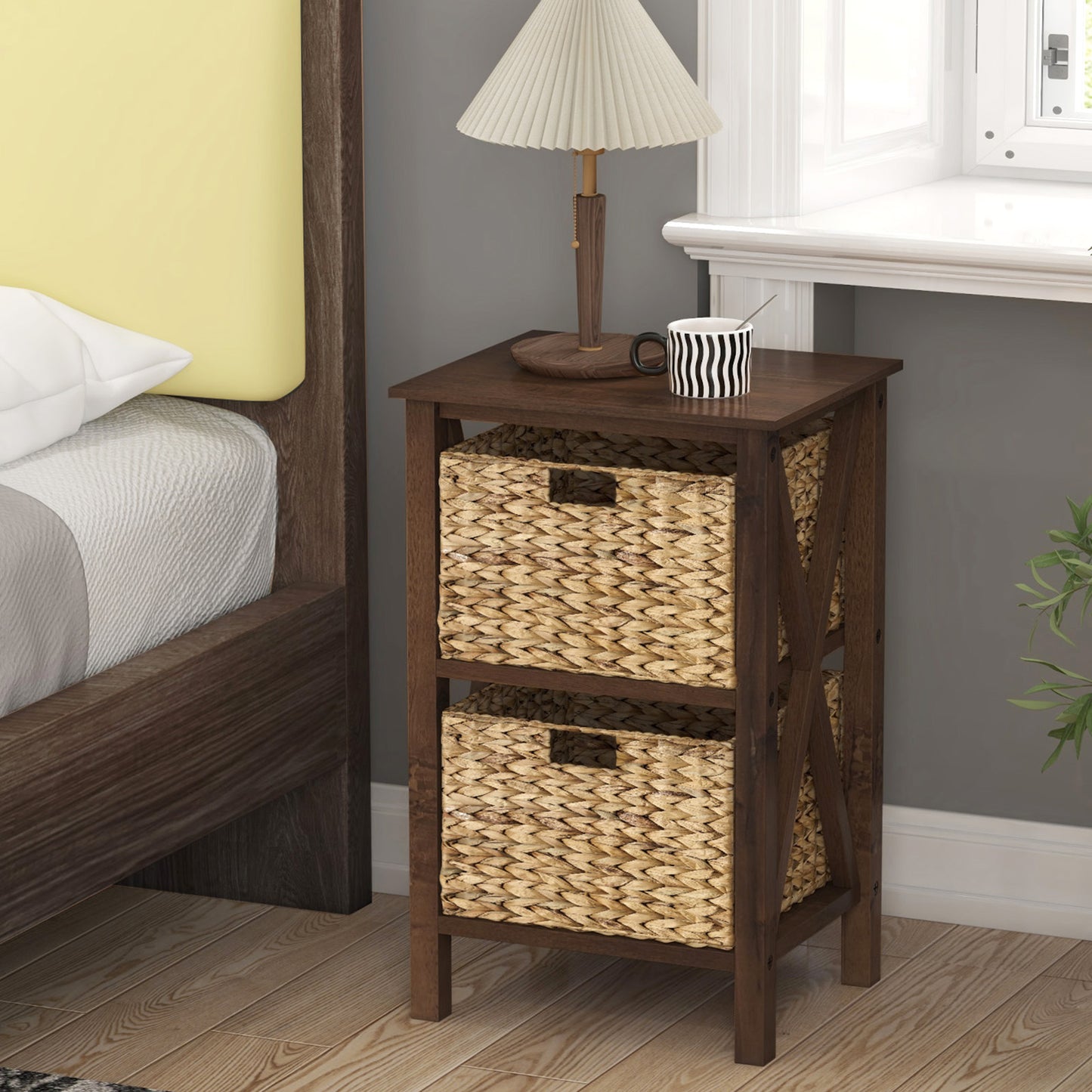 2-Tier Nightstand with 2 Seagrass Baskets Narrow X-Design-2-Tier Kids Crystal