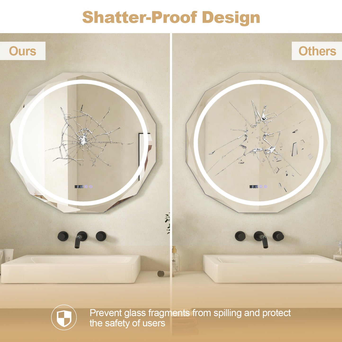 Defogging LED Bathroom Mirror with Stepless 3 Colors Temperature Kids Crystal